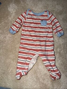Tommy Hilfiger Red & White Striped Footed One-Piece with Light Blue Trim